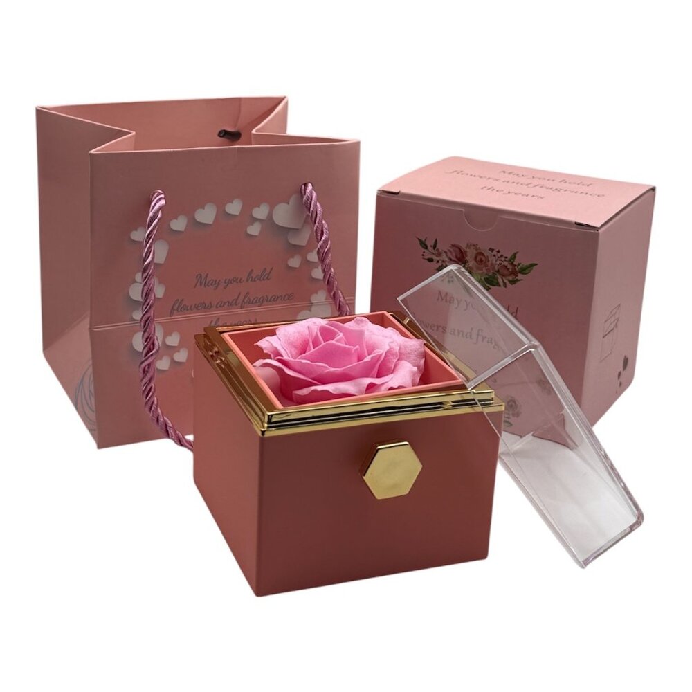 Rotating Pink Valentine Wedding Eternal Rose Flower Ring Necklace Gift Box